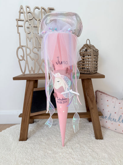 Dein Design Musselin Schultüte 70 cm, Einhorn mit glitzernden Schmetterlingen – personalisiert inkl. Rohling, optional mit Kissen