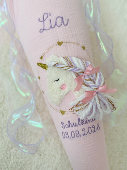 Musselin Schultüte für Mädchen Wuschelkopf Einhorn  – personalisiert inkl. Rohling optional mit Inlett Kissen | Schultüte aus Stoff