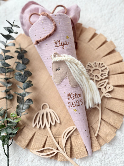 Geschwistertüte 35 cm | Kitatüte | Haflinger | Pony | Fohlen | Musselin mit goldenen Punkten | Kissen Inlett