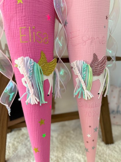 Dein Design | Musselin Schultüte Pegasus 70 cm & Geschwistertüte 35 cm zum selber gestalten | Einhorn mit Flügeln, optional mit Inlettkissen