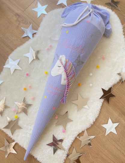 Dein Design Musselin Schultüte 70 cm Einhorn mit Schmetterlingen, personalisiert- optional mit Kissen