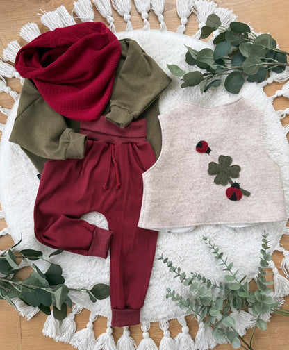 Weste | Wollwalk „Glücksbringer“ Kleeblatt Marienkäfer