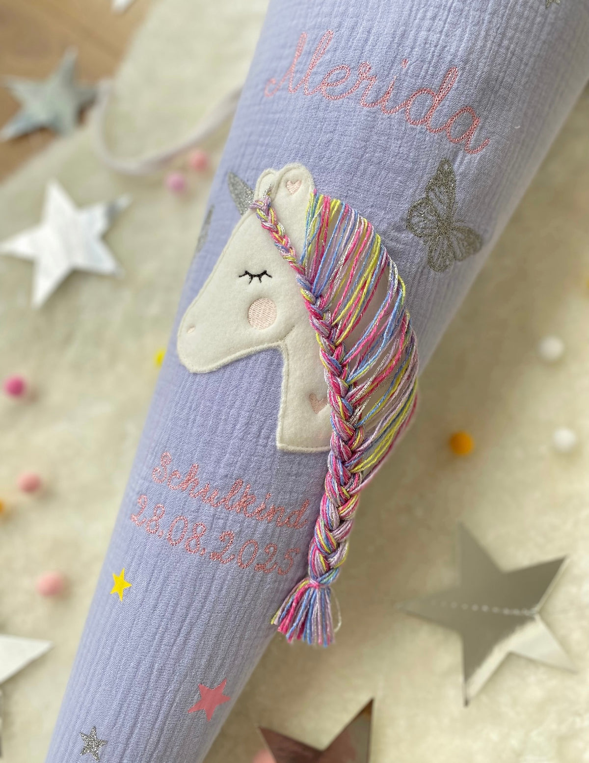 Dein Design Musselin Schultüte 70 cm Einhorn mit Schmetterlingen, personalisiert- optional mit Kissen
