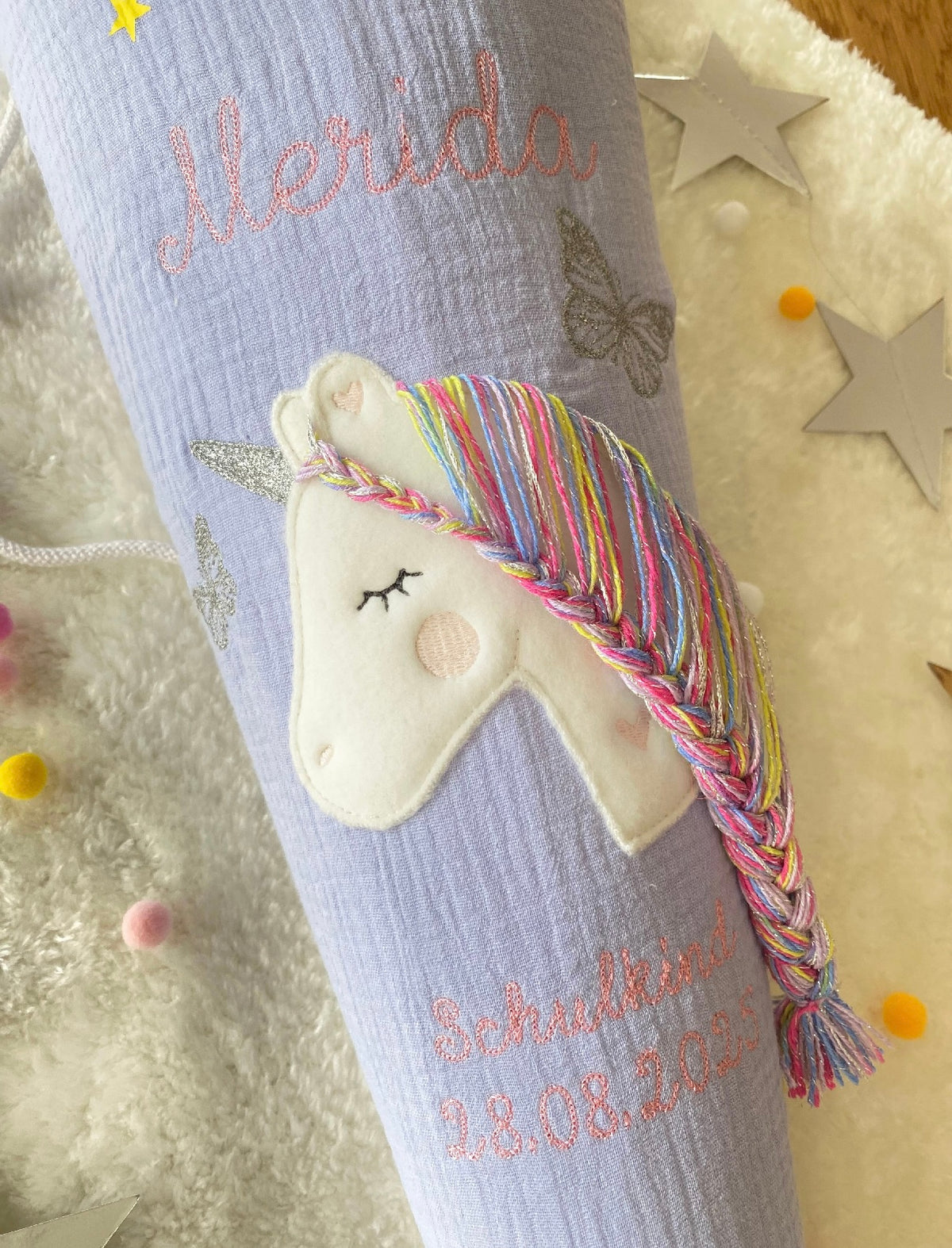 Dein Design Musselin Schultüte 70 cm Einhorn mit Schmetterlingen, personalisiert- optional mit Kissen