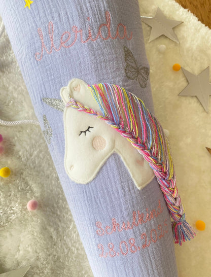 Dein Design Musselin Schultüte 70 cm Einhorn mit Schmetterlingen, personalisiert- optional mit Kissen