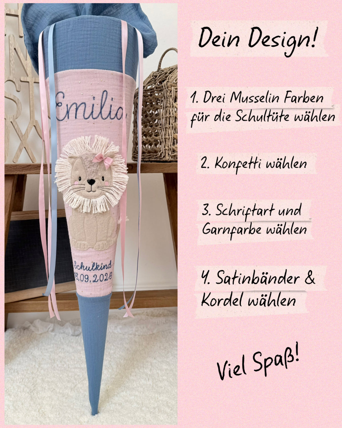 Dein Design Musselin Schultüte 70 cm, Löwin – personalisiert inkl. Rohling, optional mit Kissen