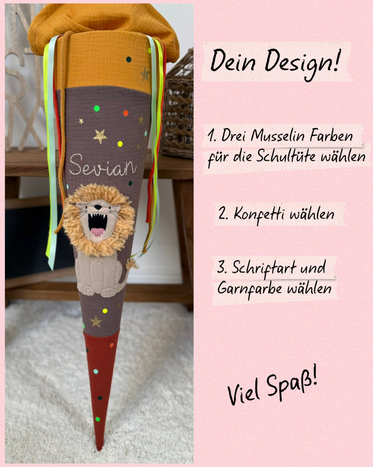 Dein Design Musselin Schultüte Löwe 70 cm, personalisiert- optional mit Kissen