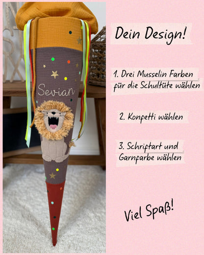 Dein Design Musselin Schultüte Löwe 70 cm, personalisiert- optional mit Kissen