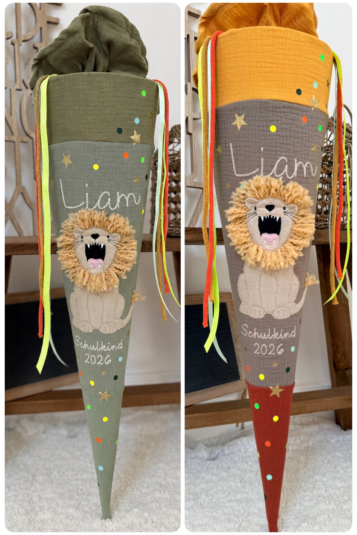 Dein Design Musselin Schultüte Löwe 70 cm, personalisiert- optional mit Kissen