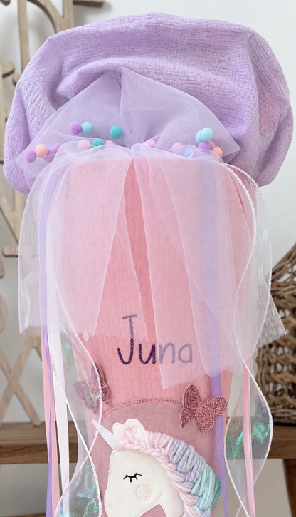 Dein Design Musselin Schultüte 70 cm, Einhorn mit glitzernden Schmetterlingen – personalisiert inkl. Rohling, optional mit Kissen