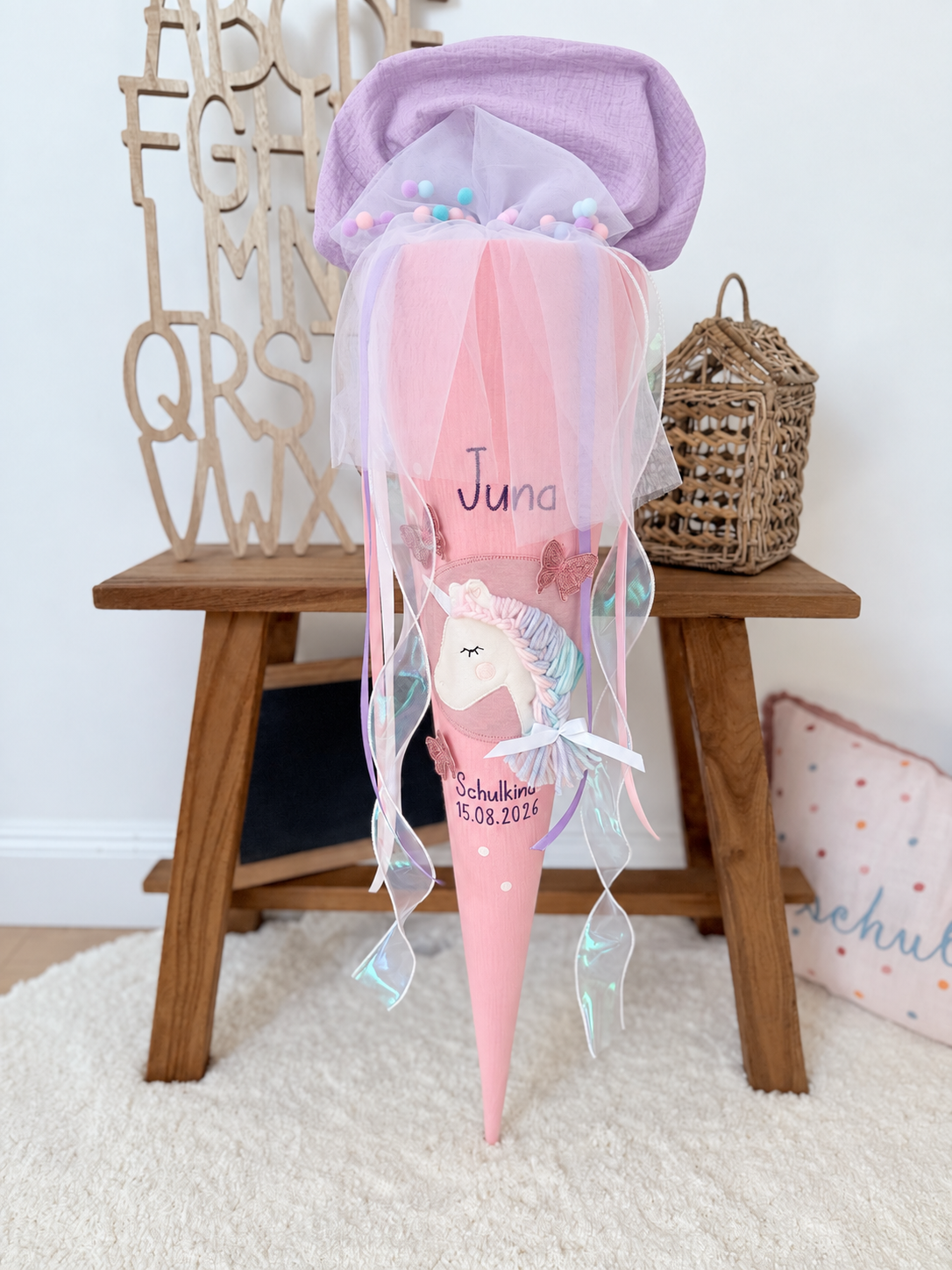 Musselin Schultüte 70cm, Einhorn mit Schmetterlingen, personalisiert- optional mit Pompon-Tüllschleife & Kissen