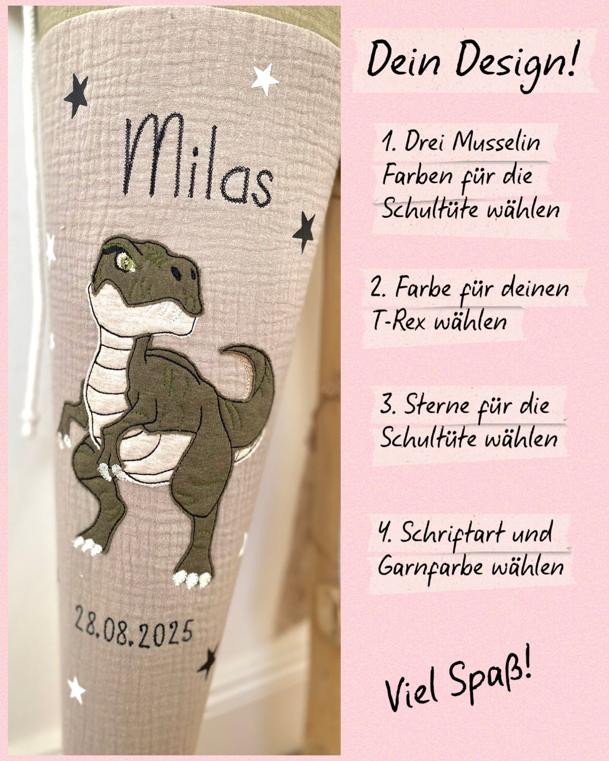 Dein Design Musselin Schultüte 70 cm, T-Rex, Dinosaurier, Dino – personalisiert inkl. Rohling, optional mit Kissen