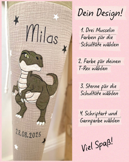 Dein Design Musselin Schultüte 70 cm, T-Rex, Dinosaurier, Dino – personalisiert inkl. Rohling, optional mit Kissen