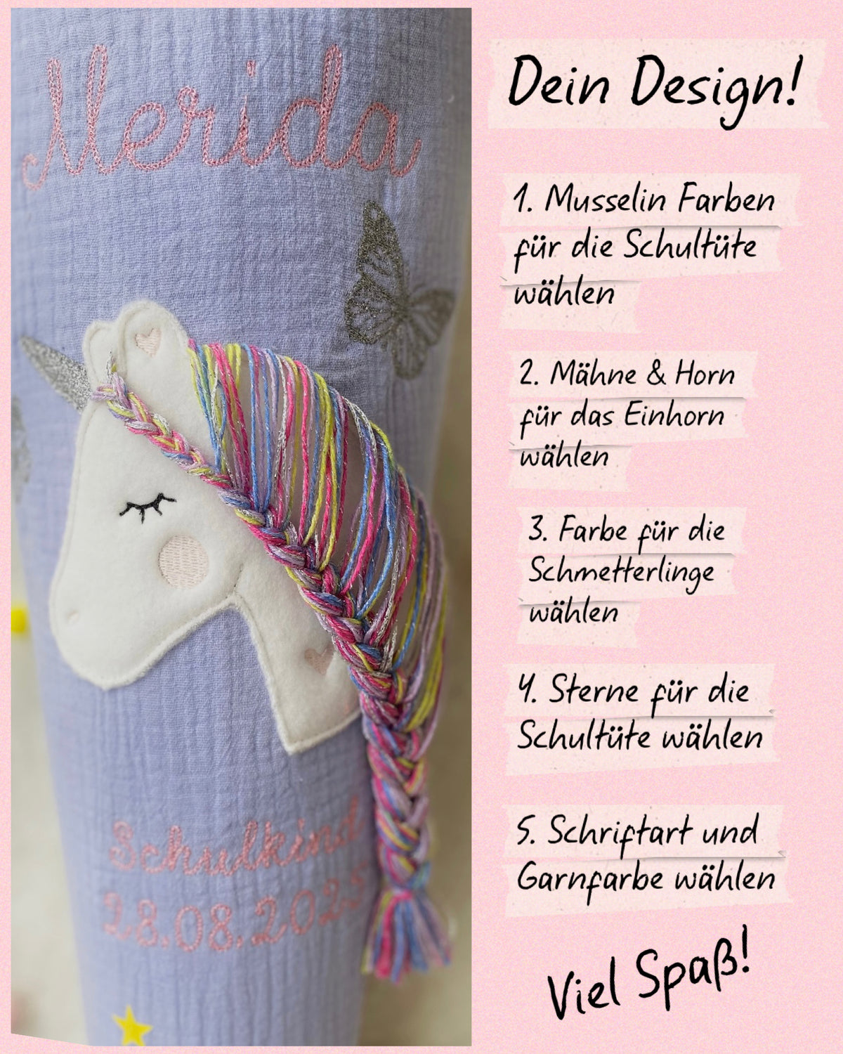 Dein Design Musselin Schultüte 70 cm Einhorn mit Schmetterlingen, personalisiert- optional mit Kissen