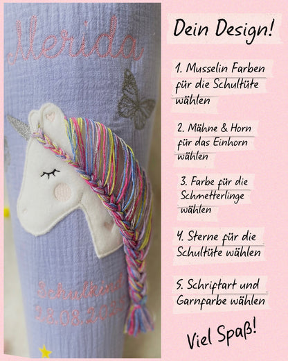 Dein Design Musselin Schultüte 70 cm Einhorn mit Schmetterlingen, personalisiert- optional mit Kissen