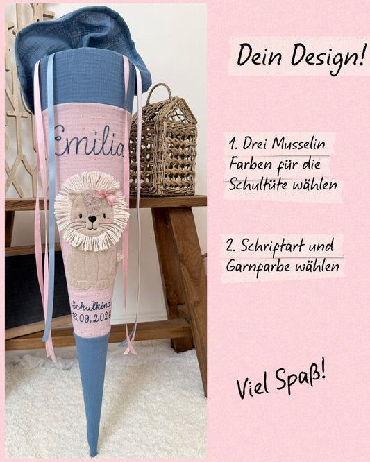 Dein Design Musselin Schultüte 70 cm, Löwin – personalisiert inkl. Rohling, optional mit Kissen