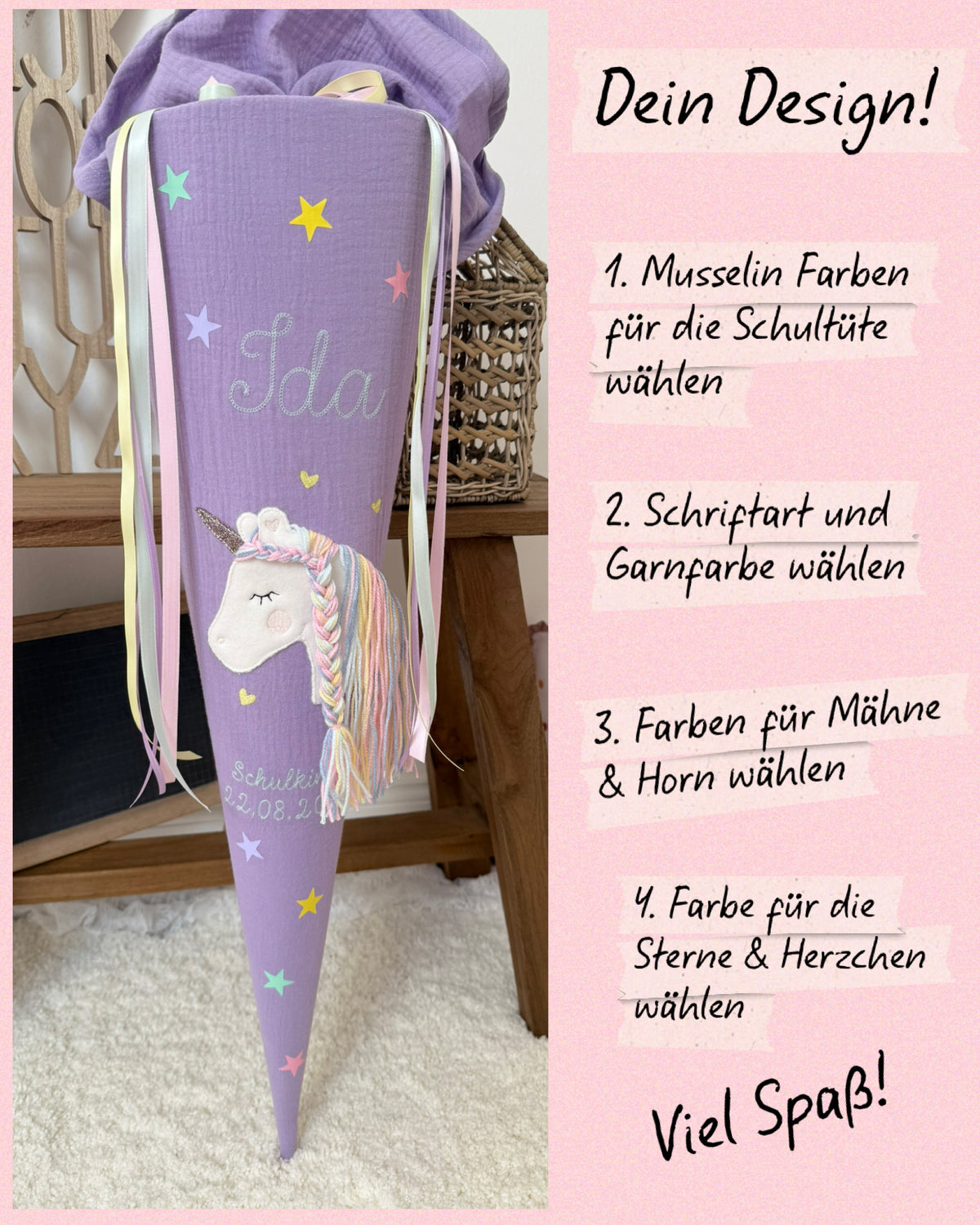 Dein Design Musselin Schultüte 70 cm Einhorn, personalisiert- optional mit Kissen
