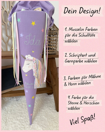 Dein Design Musselin Schultüte 70 cm Einhorn, personalisiert- optional mit Kissen