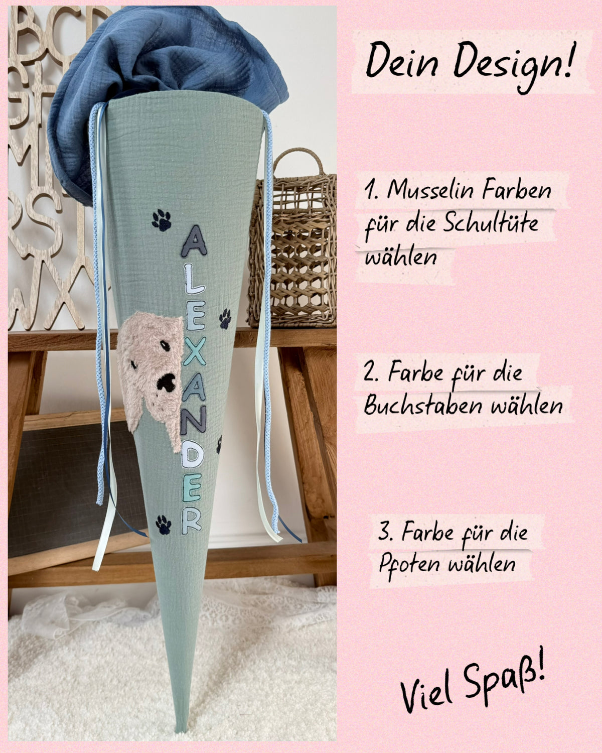Dein Design Musselin Schultüte 70 cm, Hund – personalisiert inkl. Rohling, optional mit Kissen