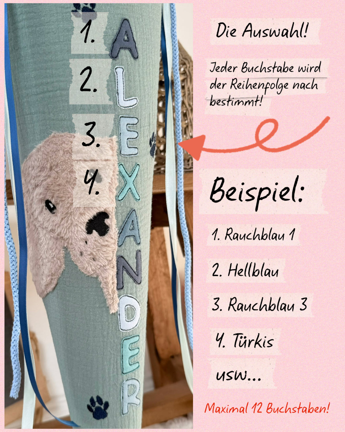 Dein Design Musselin Schultüte 70 cm, Hund – personalisiert inkl. Rohling, optional mit Kissen