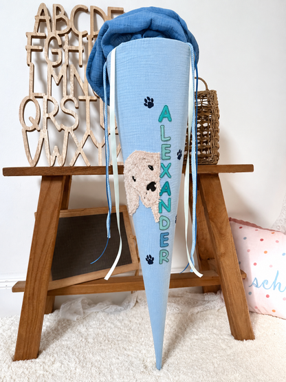 Dein Design Musselin Schultüte 70 cm, Hund – personalisiert inkl. Rohling, optional mit Kissen