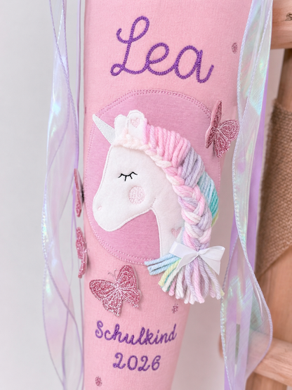 Musselin Schultüte für Mädchen 70cm, Einhorn mit Schmetterlingen – personalisiert inkl. Pompon-Tüllschleife & Rohling, optional mit Inlett Kissen | Schultüte aus Stoff