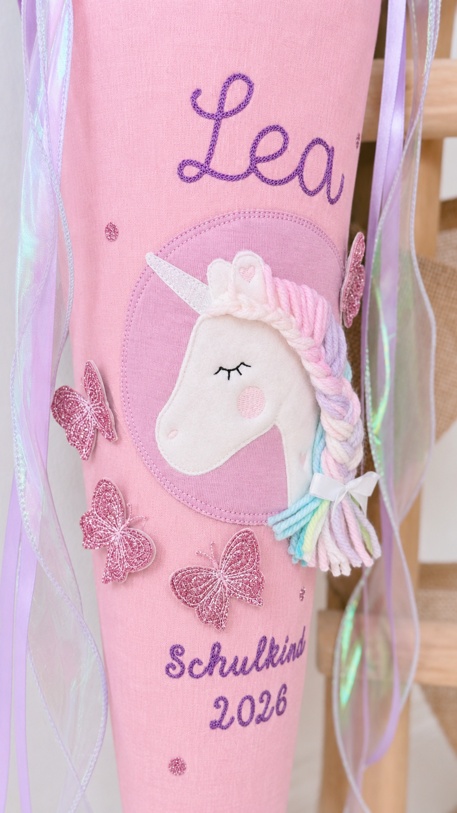 Musselin Schultüte für Mädchen 70cm, Einhorn mit Schmetterlingen – personalisiert inkl. Pompon-Tüllschleife & Rohling, optional mit Inlett Kissen | Schultüte aus Stoff