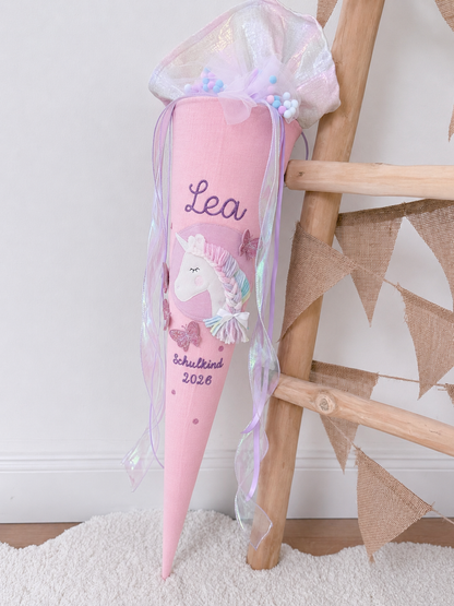 Musselin Schultüte für Mädchen 70cm, Einhorn mit Schmetterlingen – personalisiert inkl. Pompon-Tüllschleife & Rohling, optional mit Inlett Kissen | Schultüte aus Stoff