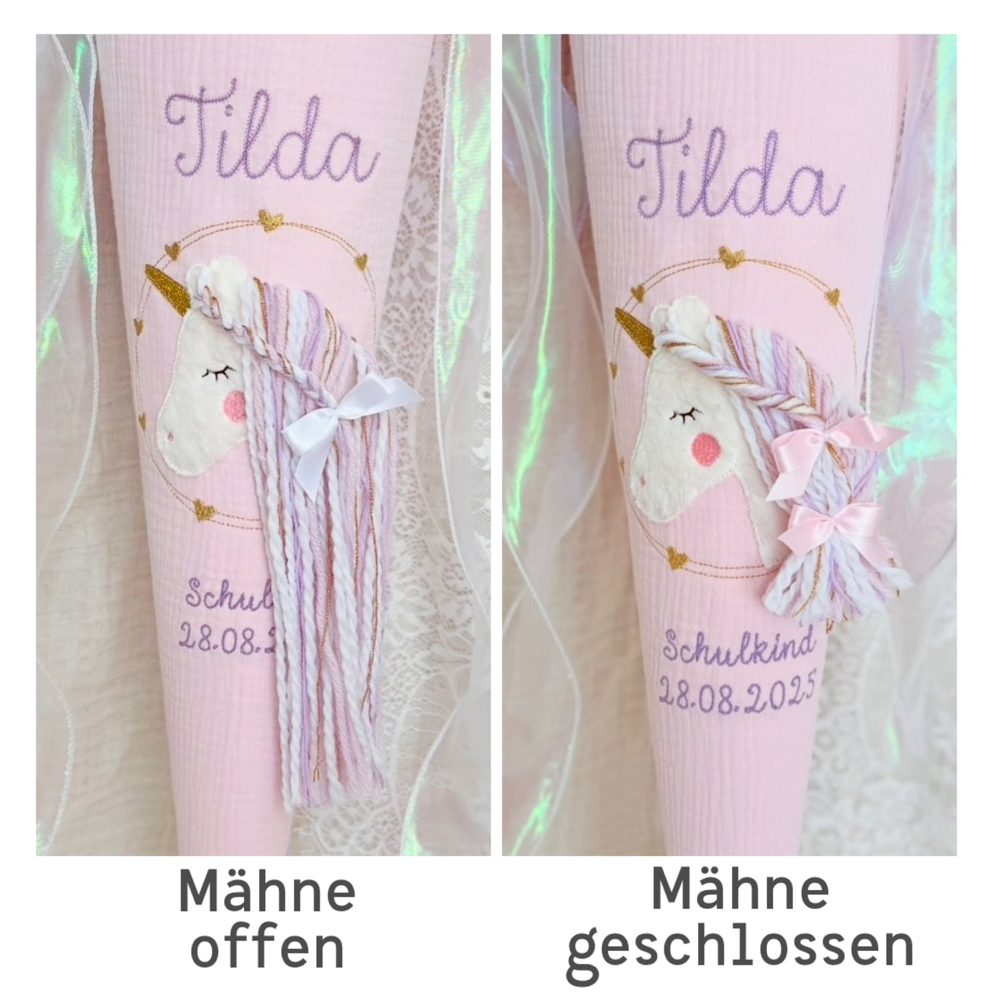 Musselin Schultüte 70 cm Einhorn | Magisches Hologramm | Schleifenband & Kissen-Inlett