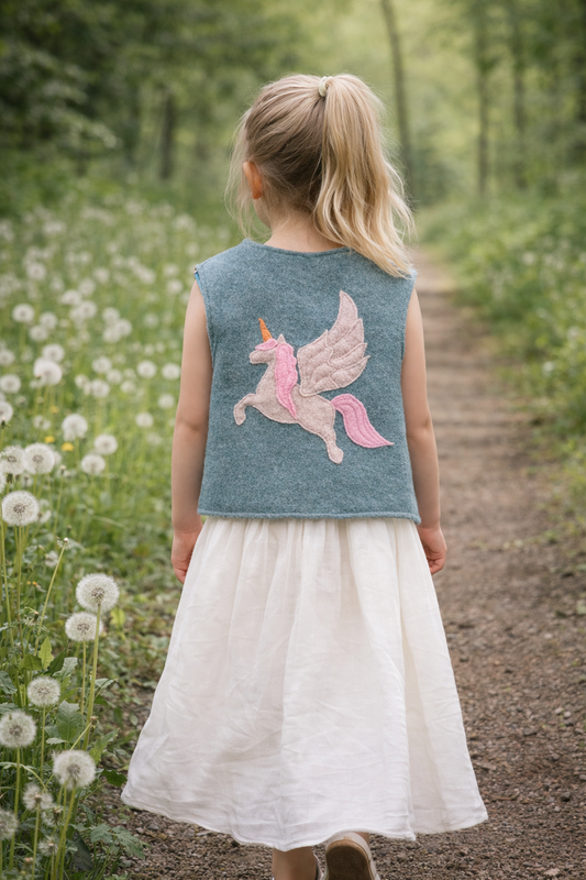Handmade Weste Kinder | Wollwalk | Walkweste | Pegasus Applikation