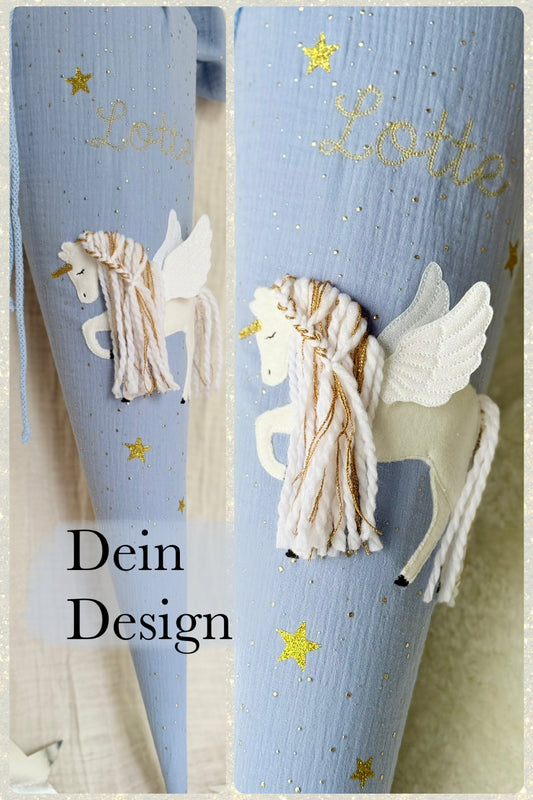 Dein Design | Gold Musselin Schultüte 70 cm | Einhorn mit Flügeln | Pegasus | Kissen Inlett