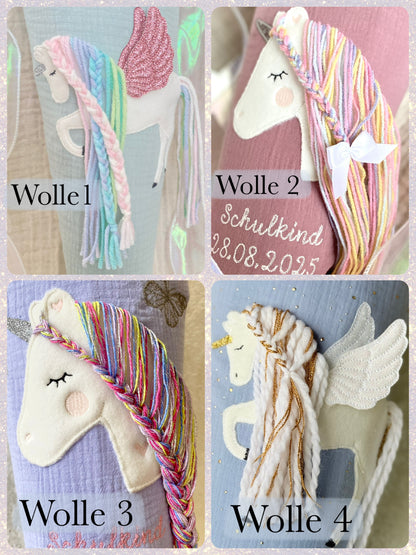 Dein Design | Gold Musselin Schultüte 70 cm | Einhorn mit Flügeln | Pegasus | Kissen Inlett