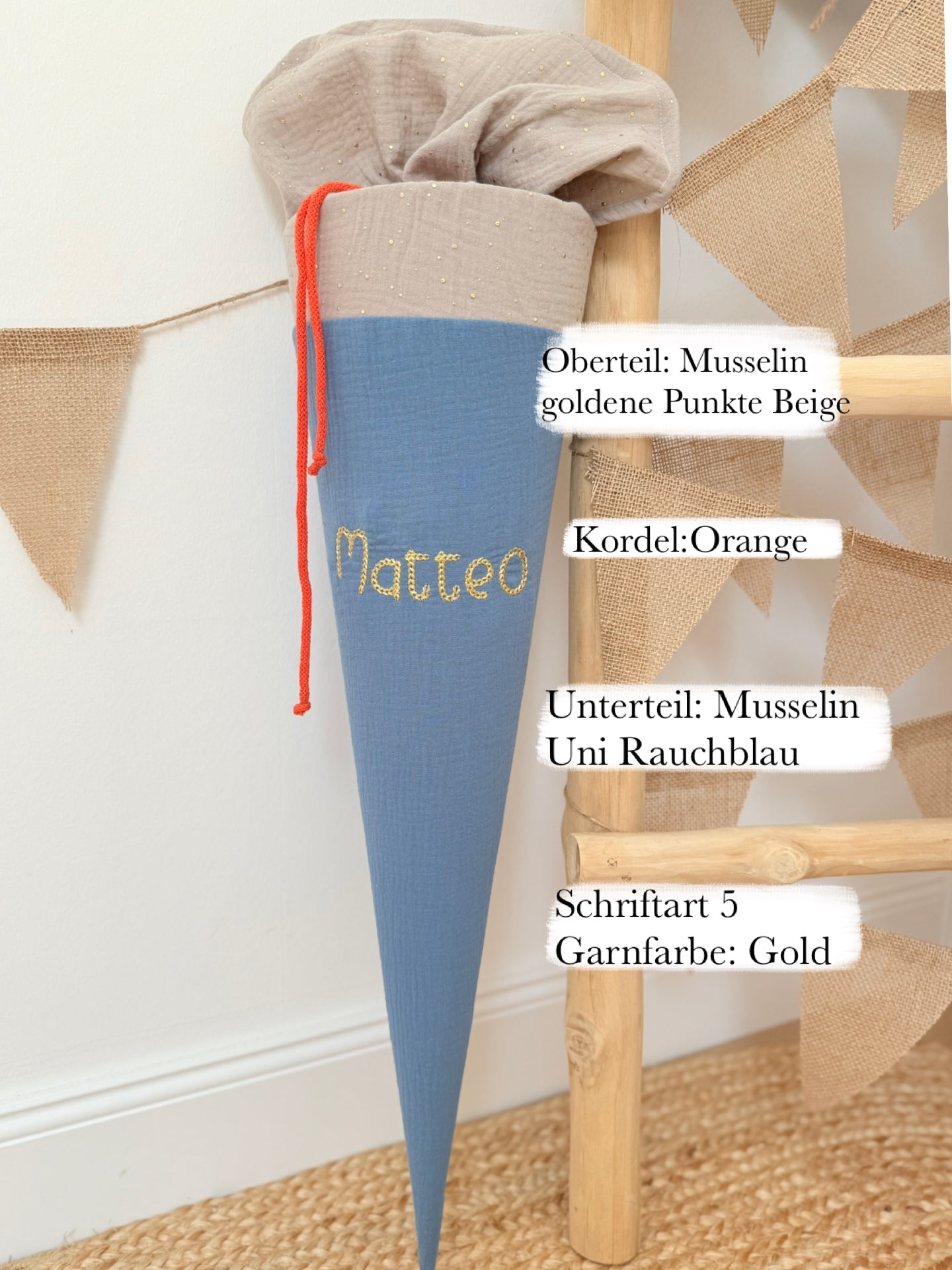 Basic Musselin Schultüte goldene Punkte 70 cm, viele Farben, gold Punkte, personalisierbar, Kisseninlett optional