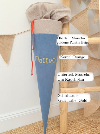 Basic Musselin Schultüte goldene Punkte 70 cm, viele Farben, gold Punkte, personalisierbar, Kisseninlett optional
