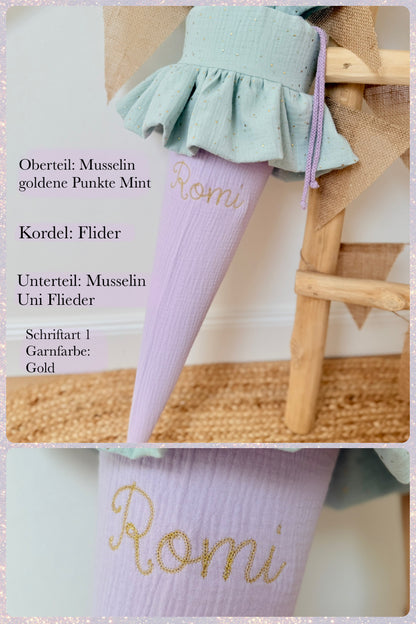 Dein Design | Musselin Schultüte mit Rüsche 70 cm | goldene Punkte/Unifarben | Vorname
