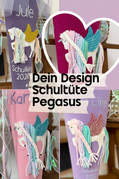 Dein Design | Musselin Schultüte Pegasus 70 cm & Geschwistertüte 35 cm zum selber gestalten | Einhorn mit Flügeln, optional mit Inlettkissen