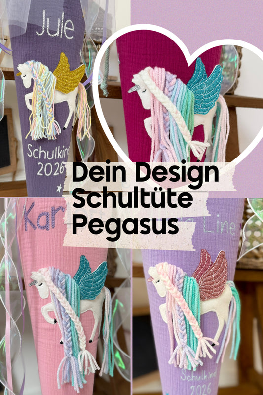 Dein Design | Musselin Schultüte Pegasus 70 cm & Geschwistertüte 35 cm zum selber gestalten | Einhorn mit Flügeln, optional mit Inlettkissen