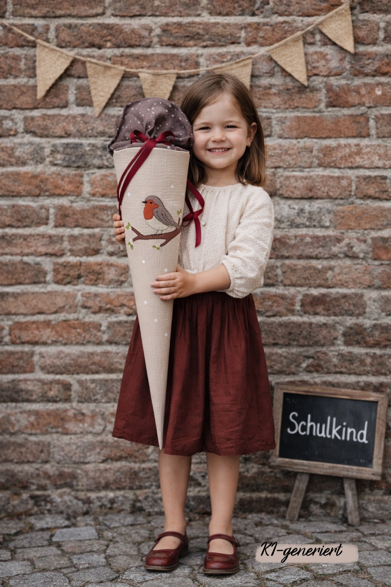 Musselin Schultüte Vogel Motiv Rotkehlchen für Mädchen , personalisierte Schultüte aus Stoff inkl. Kisseninlett