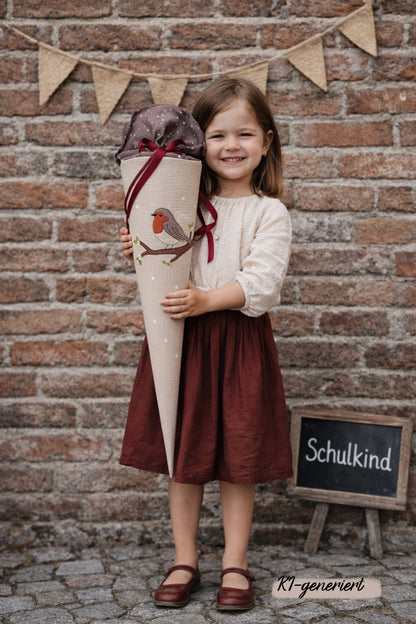 Musselin Schultüte Vogel Motiv Rotkehlchen für Mädchen , personalisierte Schultüte aus Stoff inkl. Kisseninlett