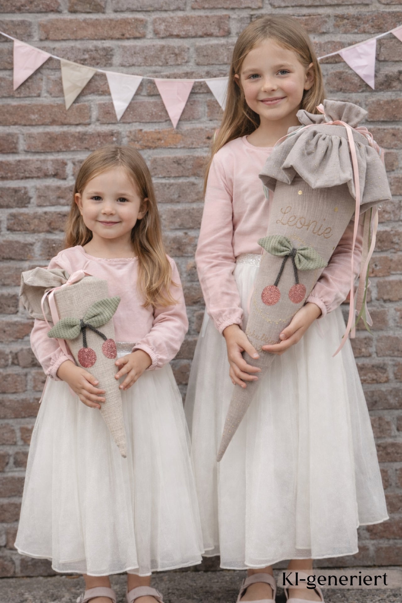 Individuelle Musselin Schultüte für Mädchen 70 cm mit Kirsche, Einschulung mit Kisseninlett