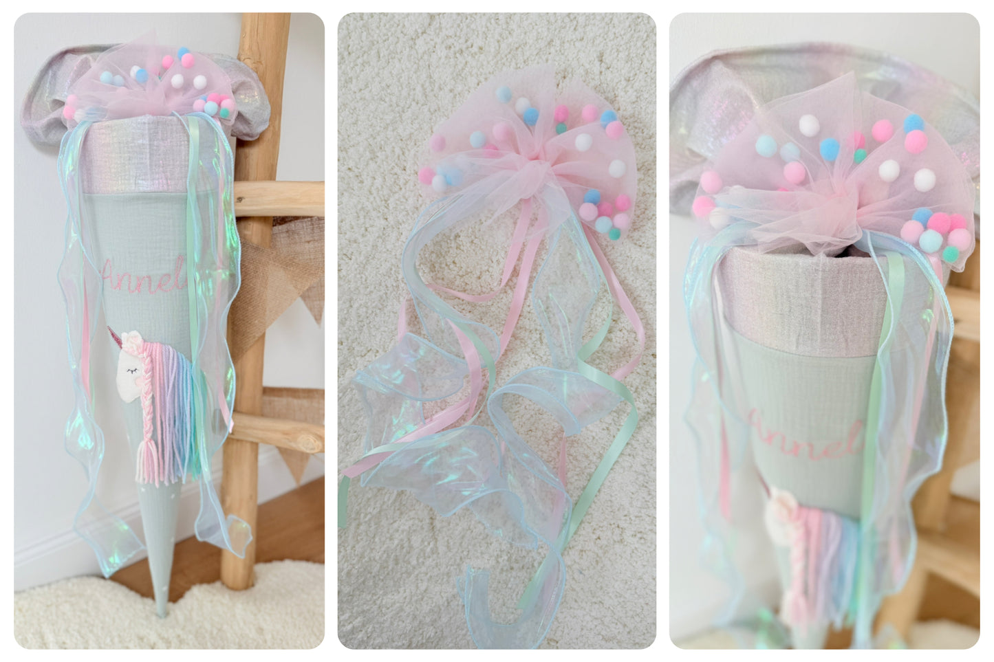 Dein Design Tüllschleife - Pompon Schleife für Schultüte (70 cm), Kita- & Geschwistertüten (35 cm)
