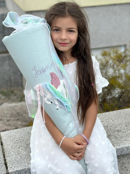 Musselin Schultüte 70 cm & Kita/Geschwistertüte 35 cm | Einhorn mit Flügeln | Pegasus | Holographisches Schleifenband | Kissen Inlett