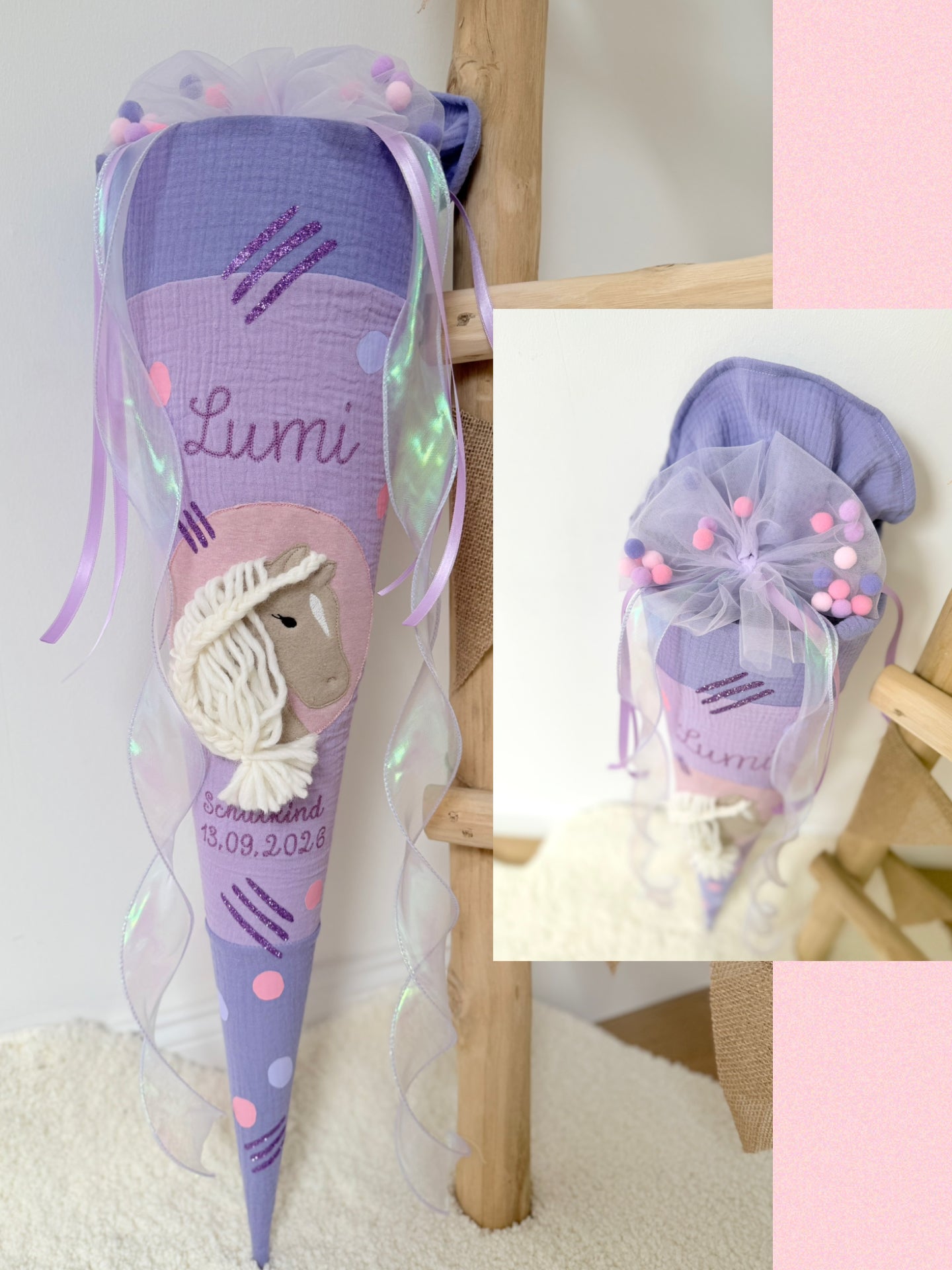 Lila Musselin Schultüte für Mädchen mit Pferd & Pompon Tüllschleife | Haflinger – personalisiert inkl. Rohling optional mit Inlett Kissen | Schultüte aus Stoff