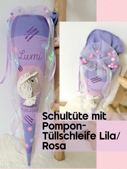 Lila Musselin Schultüte für Mädchen mit Pferd & Pompon Tüllschleife | Haflinger – personalisiert inkl. Rohling optional mit Inlett Kissen | Schultüte aus Stoff