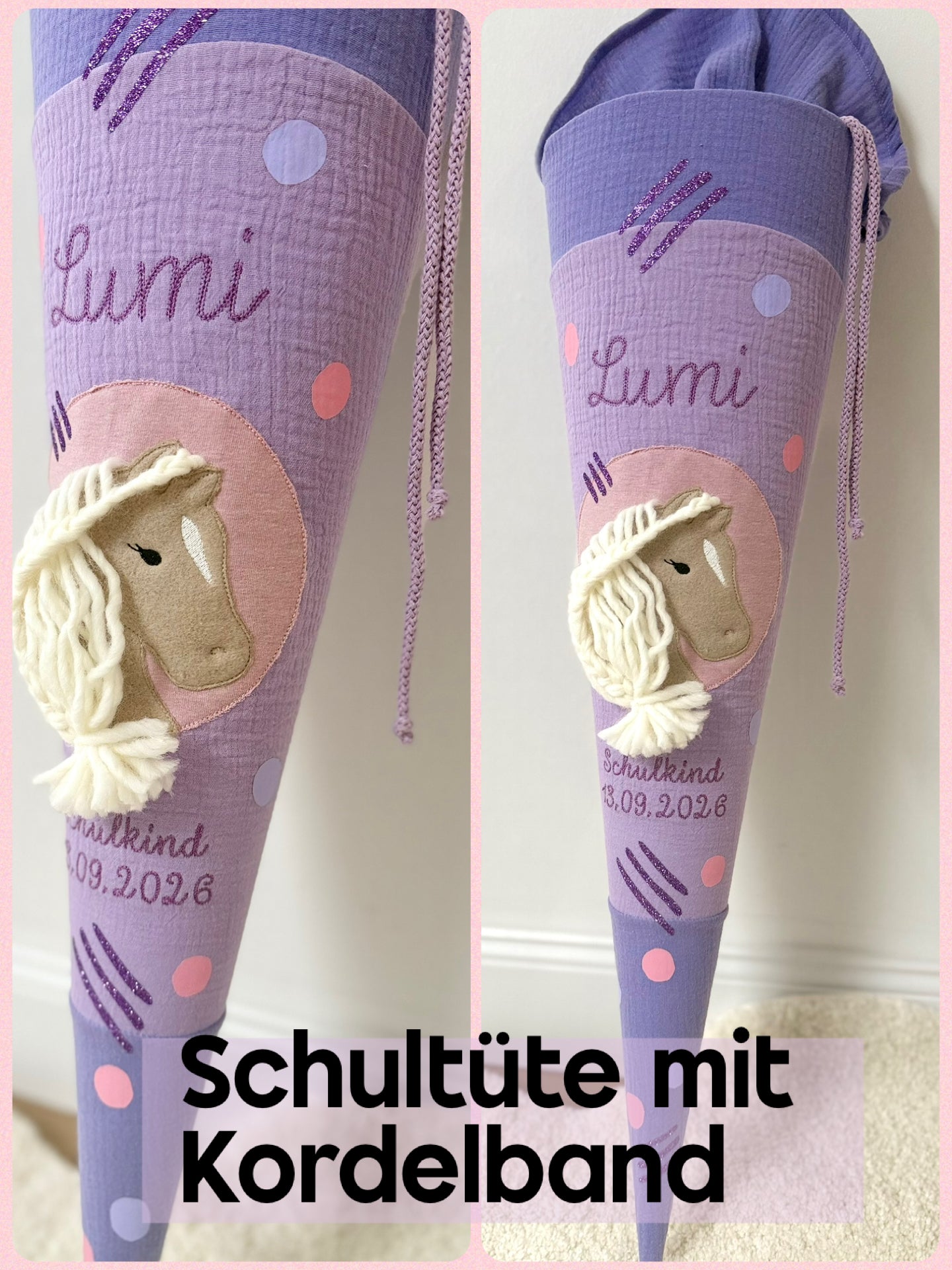 Lila Musselin Schultüte für Mädchen mit Pferd & Pompon Tüllschleife | Haflinger – personalisiert inkl. Rohling optional mit Inlett Kissen | Schultüte aus Stoff