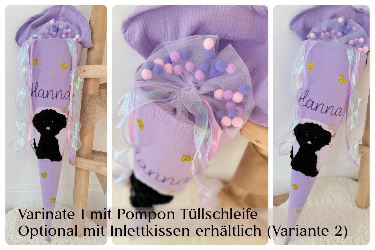 Musselin Schultüte für Mädchen 70 cm schwarzer Hund, Welpe zur Einschulung mit Kisseninlett