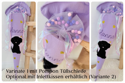 Musselin Schultüte für Mädchen 70 cm schwarzer Hund, Welpe zur Einschulung mit Kisseninlett