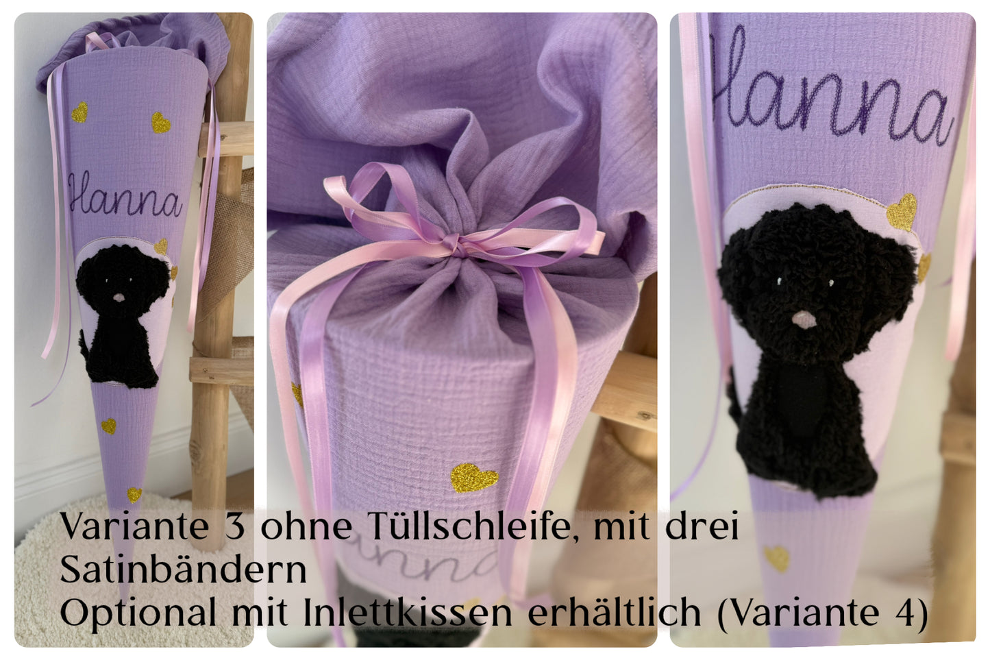 Musselin Schultüte für Mädchen 70 cm schwarzer Hund, Welpe zur Einschulung mit Kisseninlett