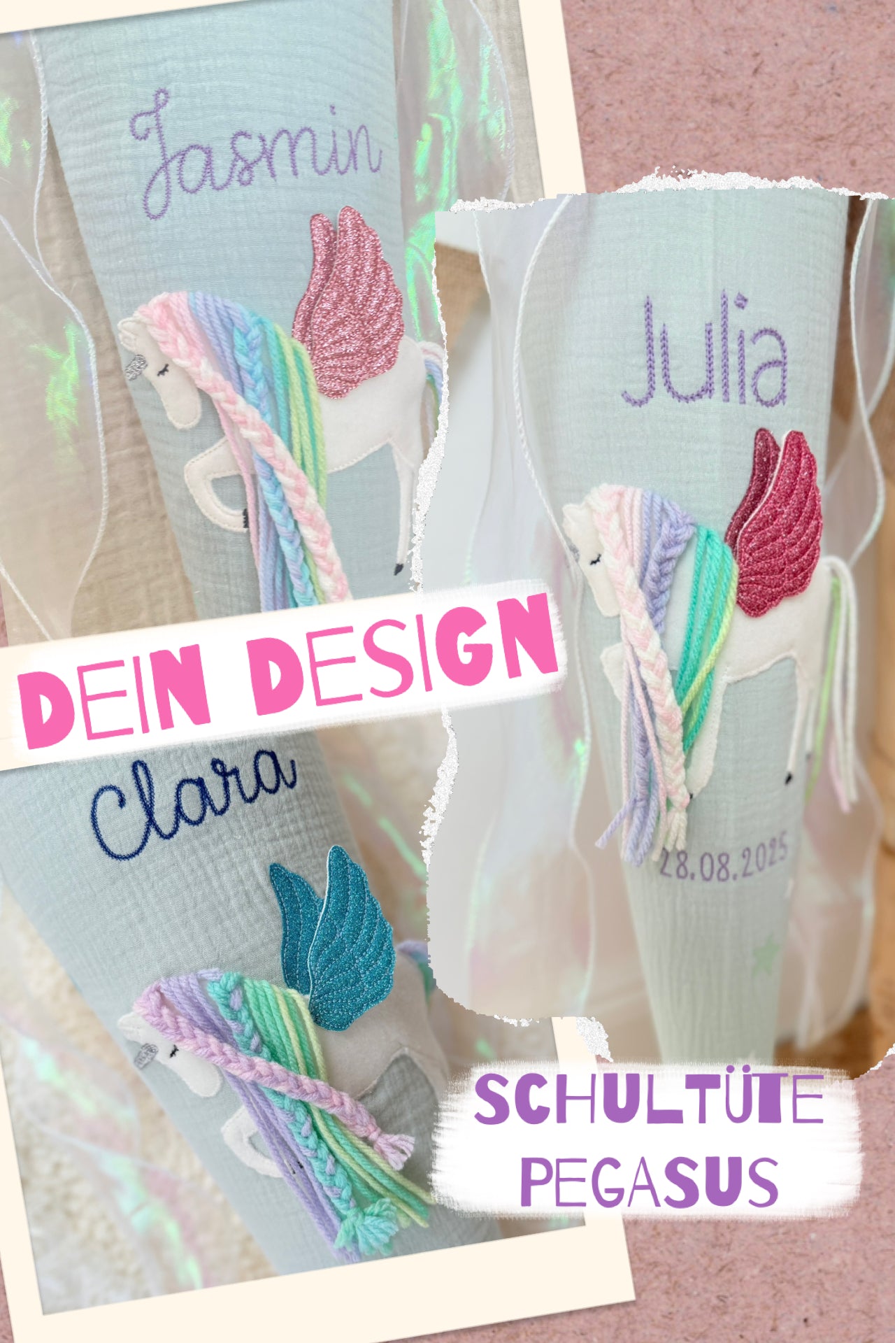 Dein Design | Musselin Schultüte 70 cm & Kita/Geschwistertüte 35 cm | Einhorn mit Flügeln | Pegasus | Regenbogenmähne | Kissen Inlett