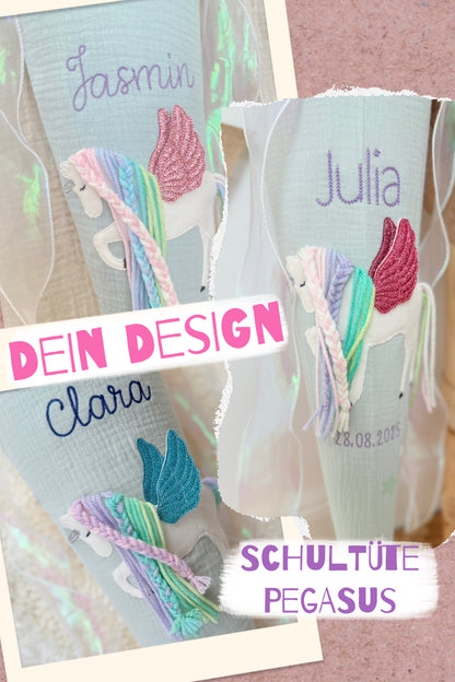 Dein Design | Musselin Schultüte 70 cm & Kita/Geschwistertüte 35 cm | Einhorn mit Flügeln | Pegasus | Regenbogenmähne | Kissen Inlett